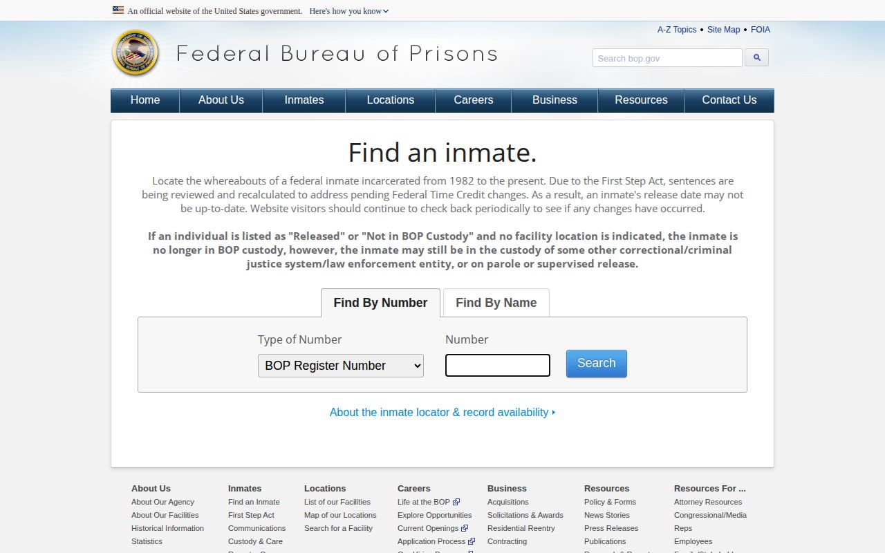 Lauderdale County warrant research showing the federal BOP inmate locator